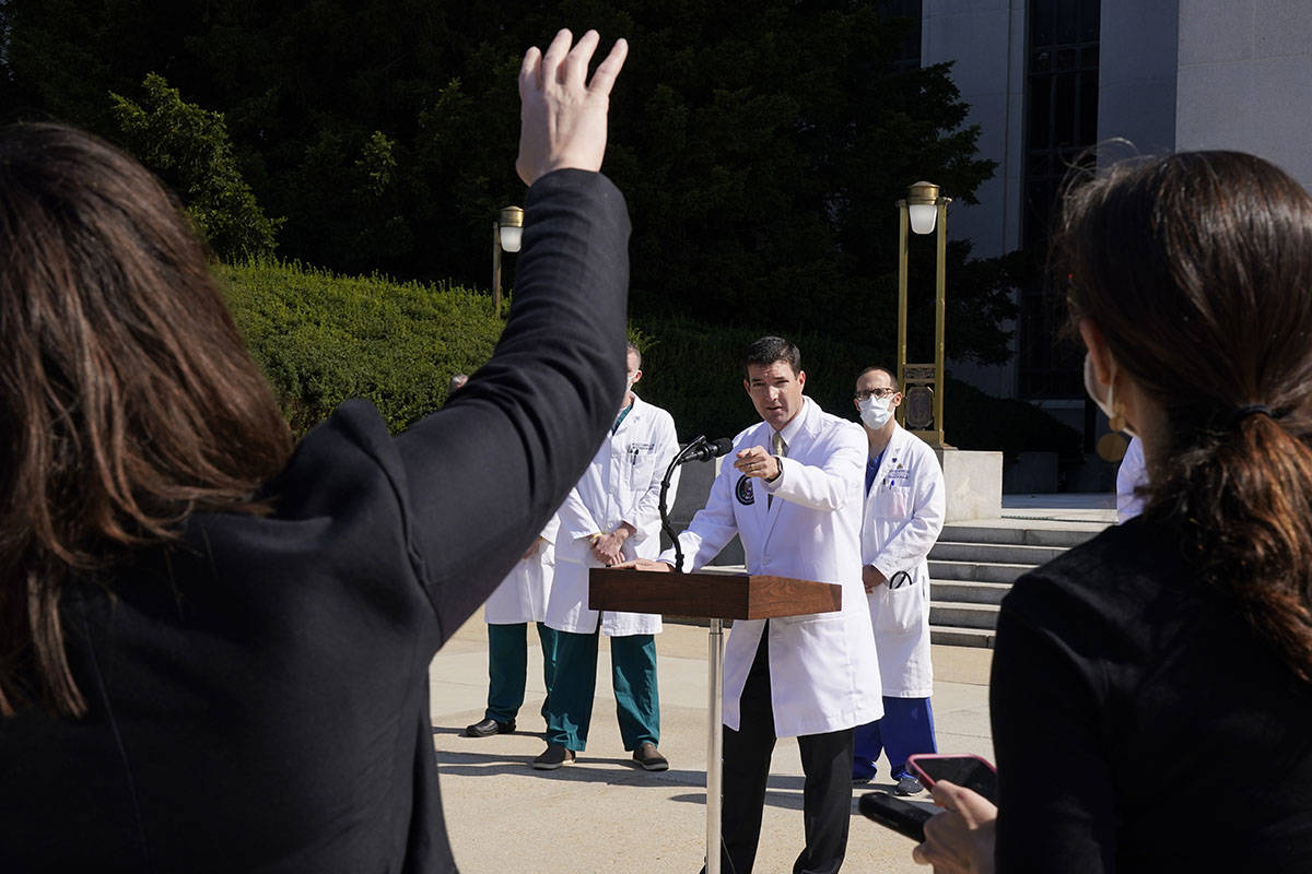 Dr. Sean Conley, physician to President Donald Trump, briefs reporters at Walter Reed National ...