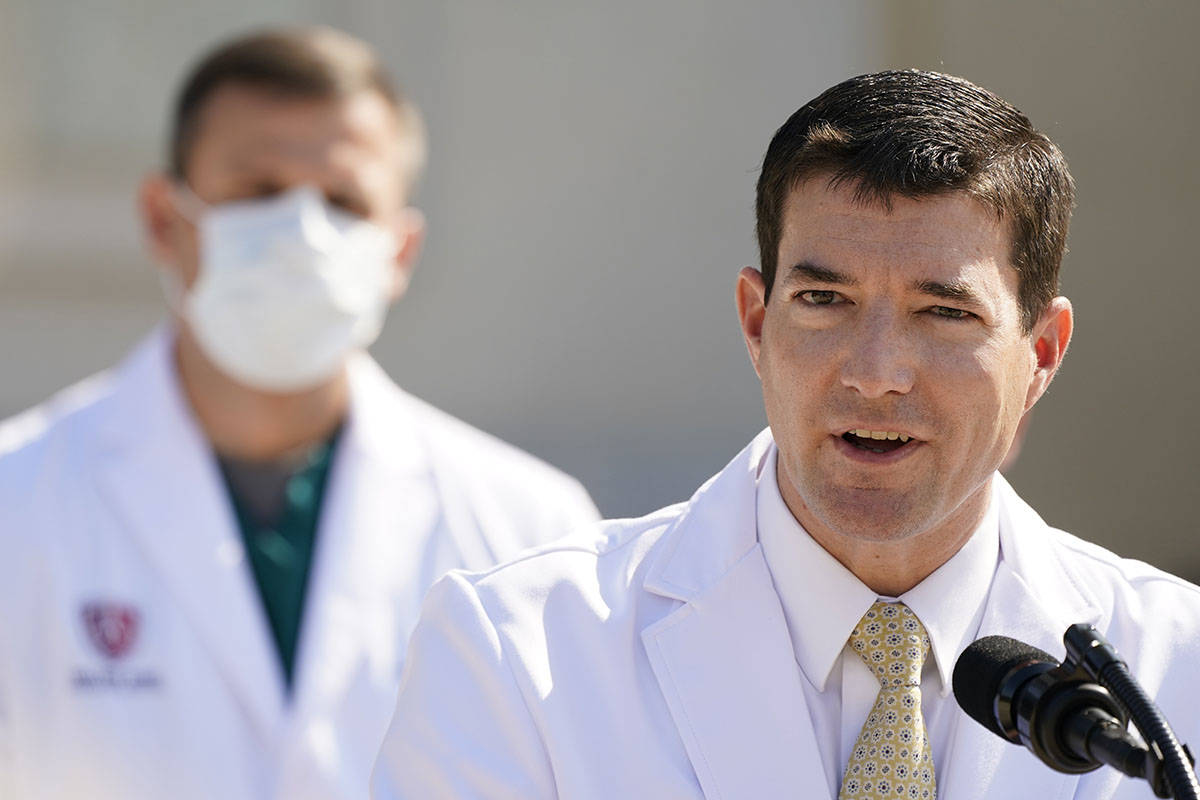 Dr. Sean Conley, physician to President Donald Trump, briefs reporters at Walter Reed National ...