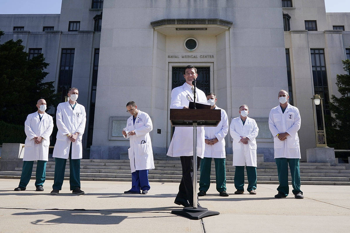 Dr. Sean Conley, physician to President Donald Trump, briefs reporters at Walter Reed National ...