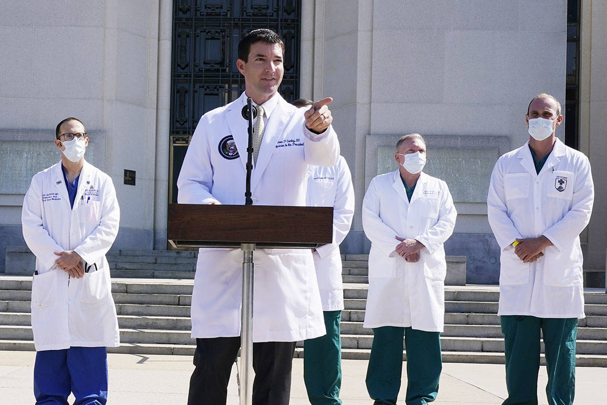 Dr. Sean Conley, physician to President Donald Trump, briefs reporters at Walter Reed National ...