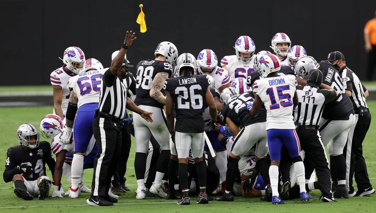 A flag on the play is called against the Las Vegas Raiders in the second quarter during an NFL ...