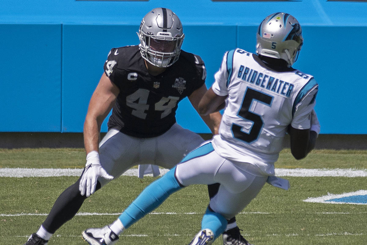 Las Vegas Raiders inside linebacker Nick Kwiatkoski (44) closes in on Carolina Panthers quarter ...