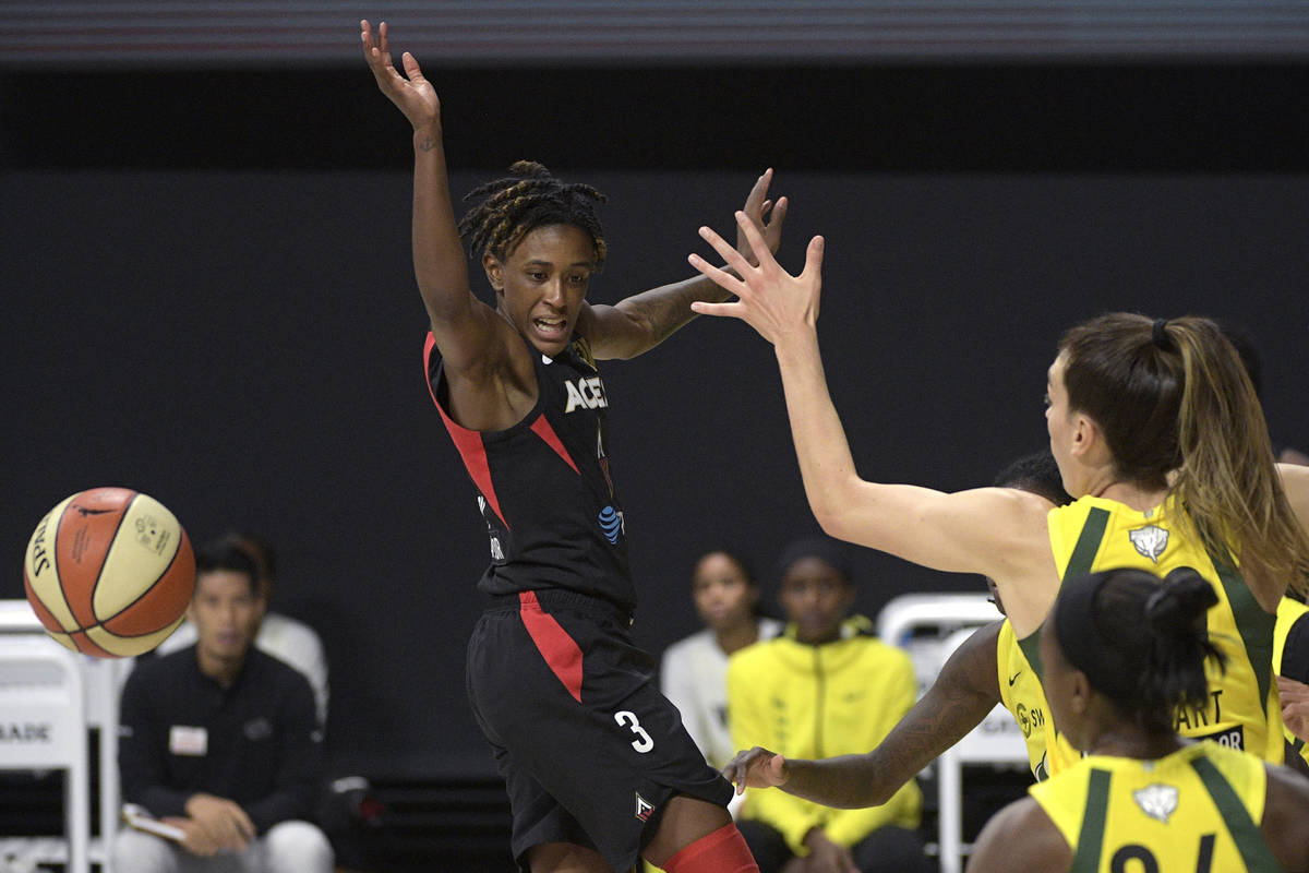 Las Vegas Aces guard Danielle Robinson (3) loses control of the ball while driving to the baske ...