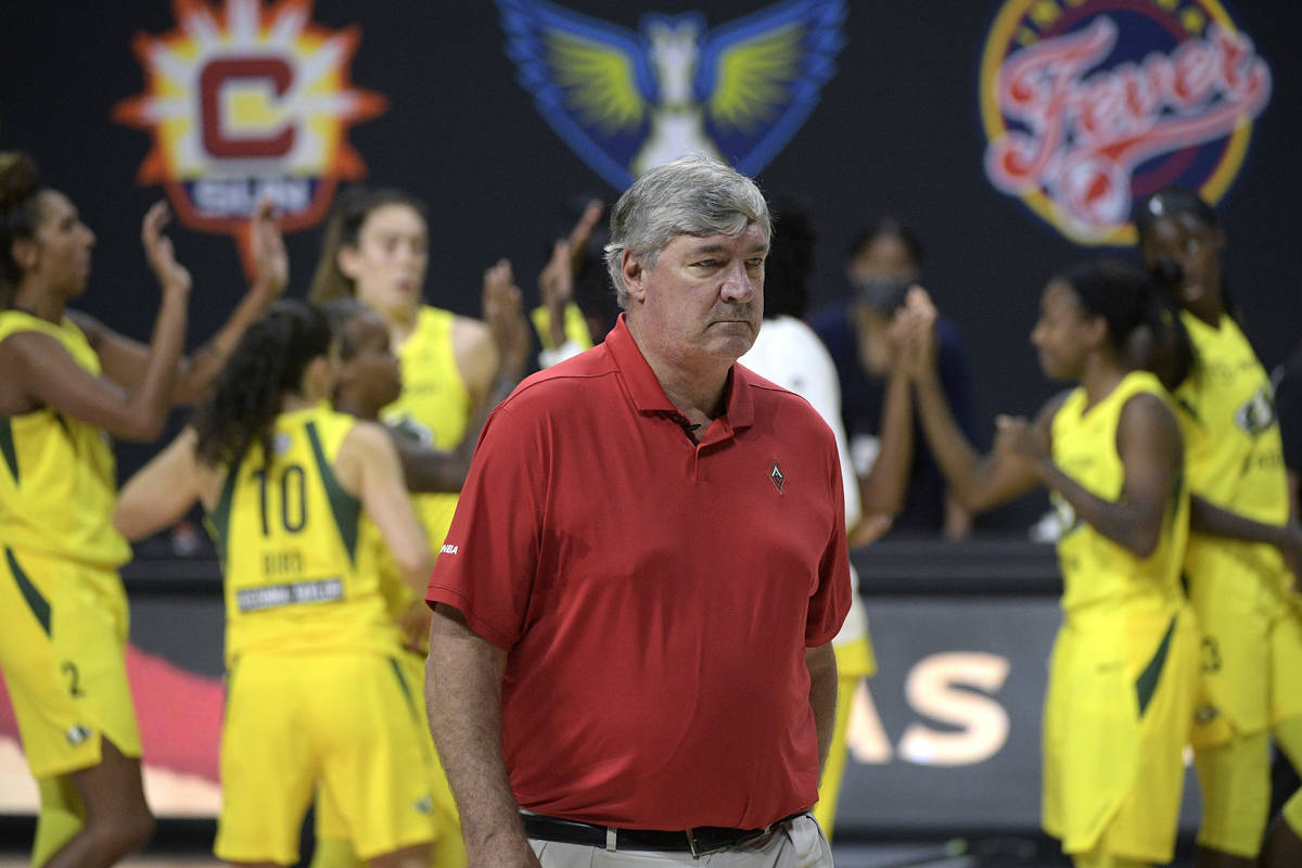 Las Vegas Aces head coach Bill Laimbeer leaves the court as Seattle Storm players, background, ...