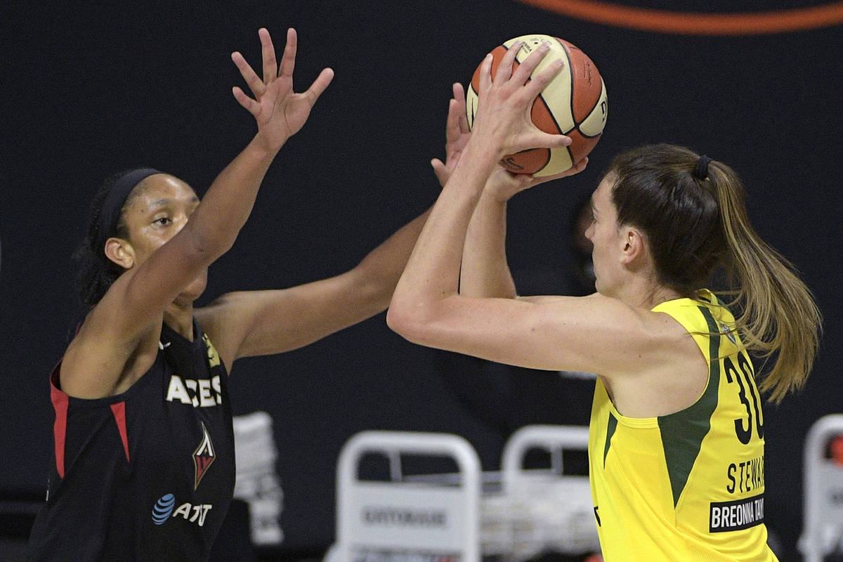 Seattle Storm forward Breanna Stewart (30) goes up to shoot in front of Las Vegas Aces center A ...