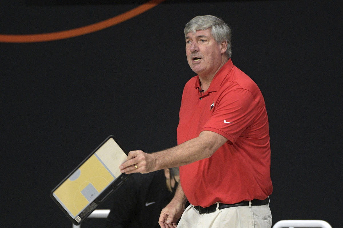 Las Vegas Aces head coach Bill Laimbeer argues with an official during the first half of Game 2 ...