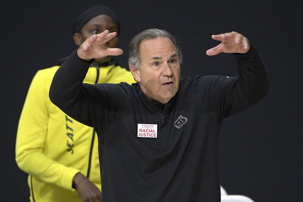 Seattle Storm head coach Gary Kloppenburg reacts to a call by an official during the first half ...