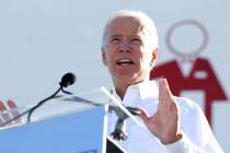 Joe Biden rallies the crowd during a Nevada State Democratic Party rally. (Erik Verduzco/Las Ve ...