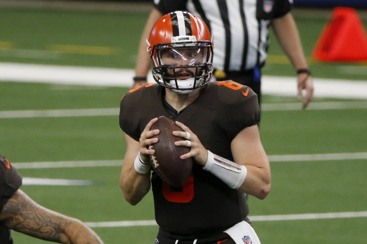 Cleveland Browns quarterback Baker Mayfield (6) prepares to pass against the Dallas Cowboys dur ...