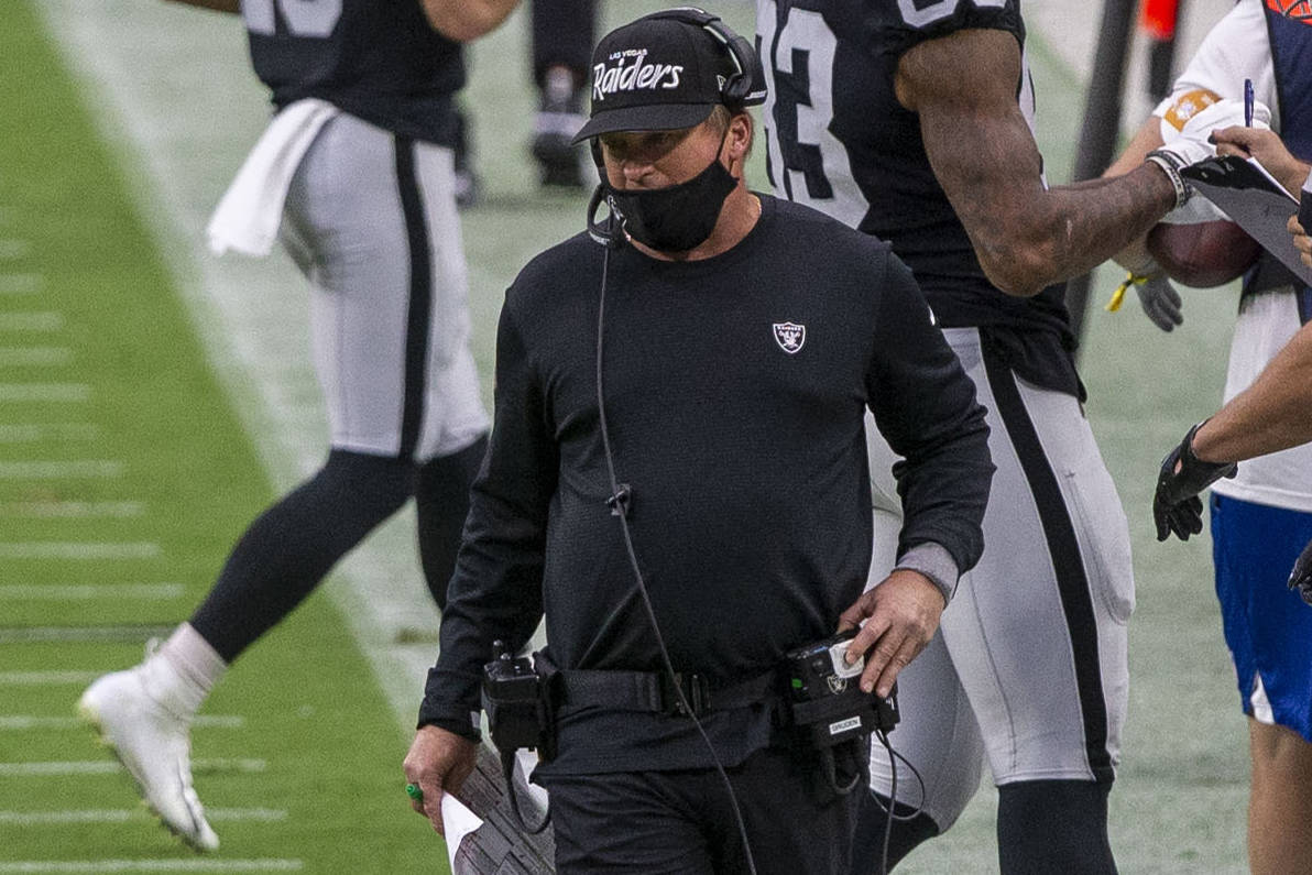 Las Vegas Raiders head coach Jon Gruden walks the sideline during the 2nd quarter of an NFL foo ...