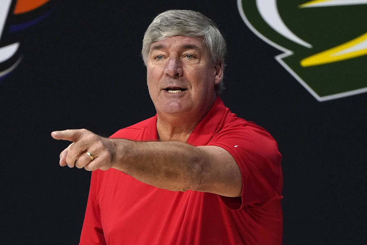 Las Vegas Aces head coach Bill Laimbeer points out a play against the Connecticut Sun during th ...