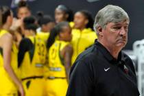 Las Vegas Aces head coach Bill Laimbeer reacts as he walks off the court while the Seattle Stor ...