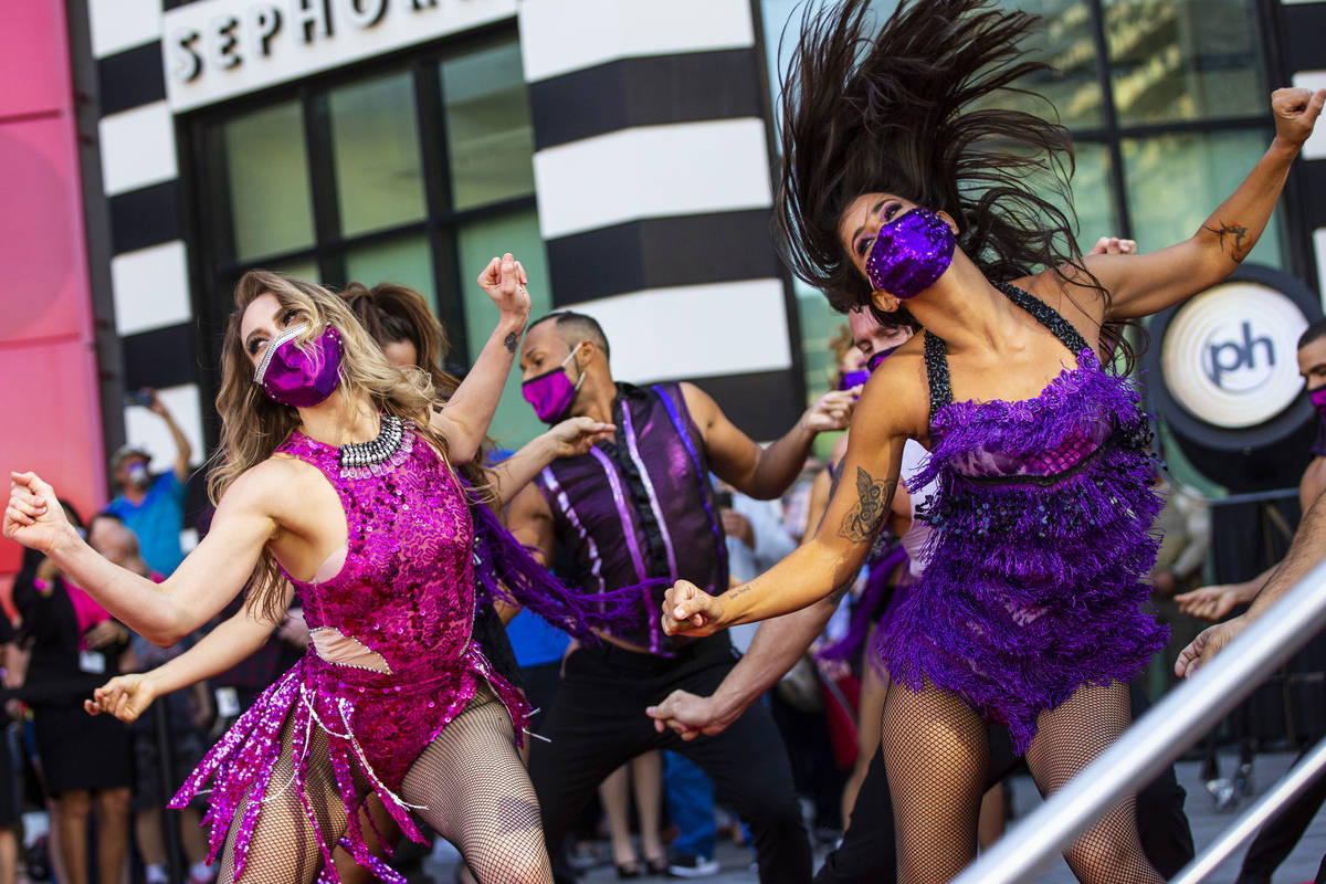 Dancers perform to mark the reopening of the Planet Hollywood Resort in Las Vegas on Thursday, ...