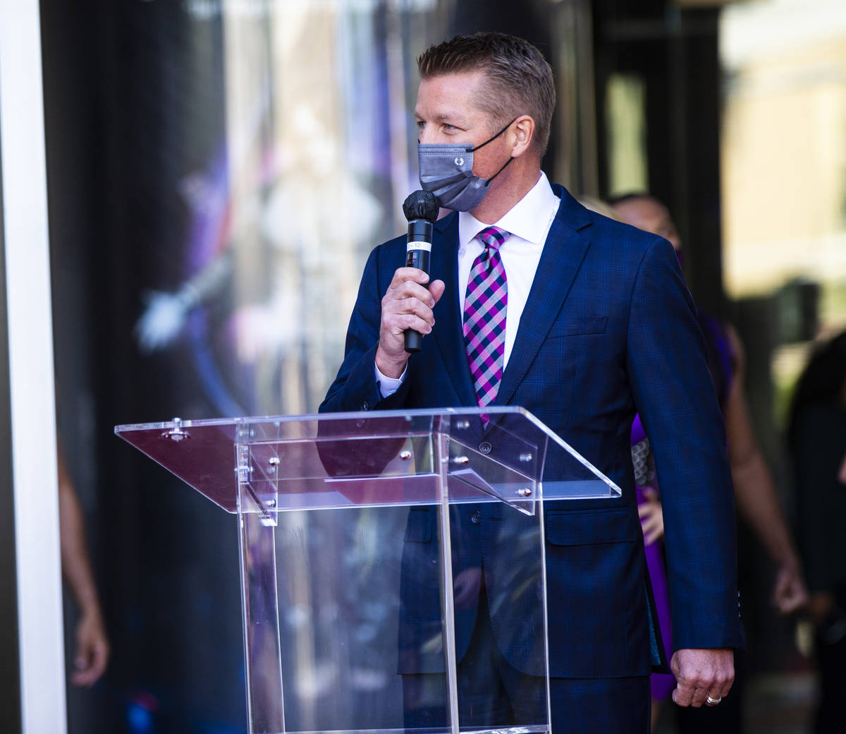 Jason Gregorec, general manager of the Planet Hollywood Resort, speaks before the reopening of ...