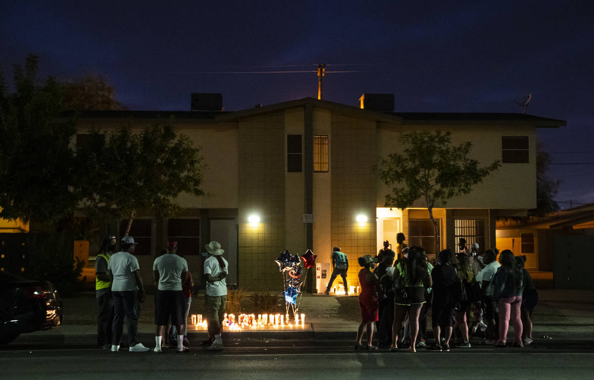 Candles are lit in memory of 1-year-old Sayah Deal in Las Vegas on Tuesday, Oct. 6, 2020. Deal ...