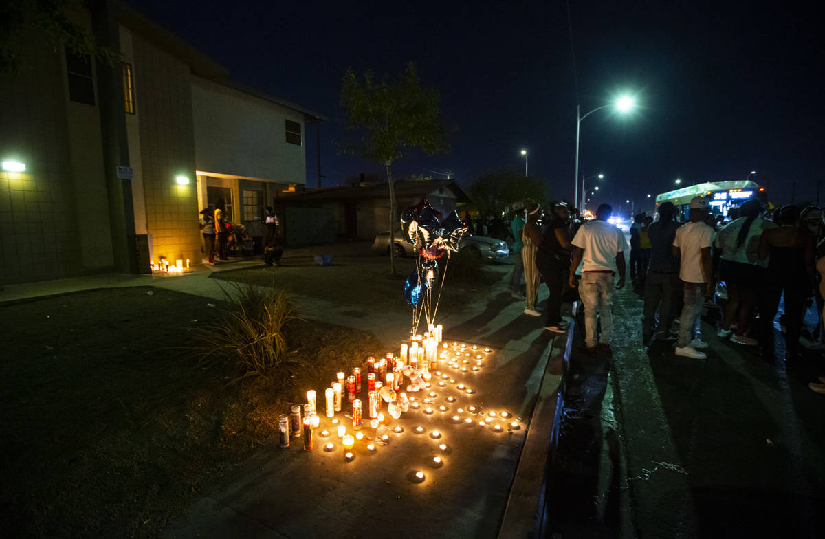 Candles are lit in memory of 1-year-old Sayah Deal in Las Vegas on Tuesday, Oct. 6, 2020. Deal ...