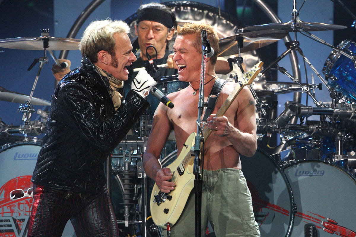 Members of Van Halen, from left, David Lee Roth, Alex Van Halen and Eddie Van Halen perform dur ...