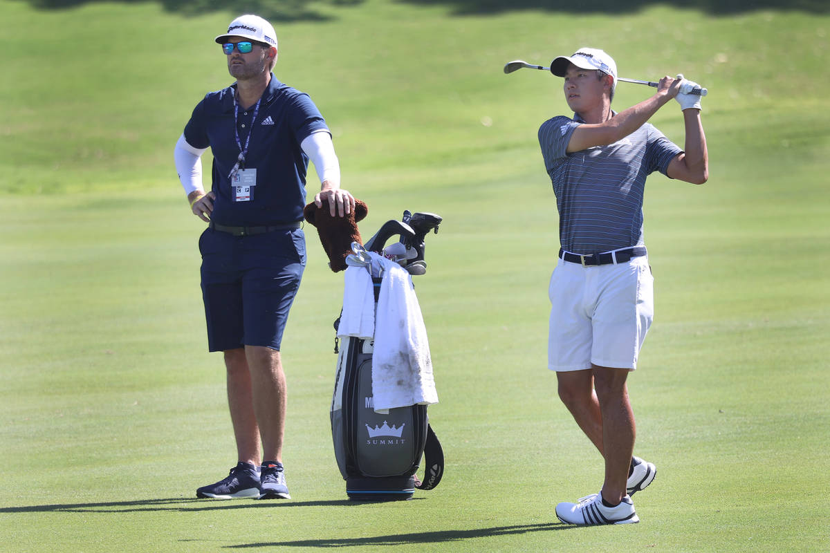 Collin Morikawa hits a long drive during the 2020 Shriners Hospitals for Children Open practice ...