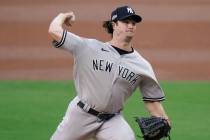 New York Yankees pitcher Gerrit Cole delivers against the Tampa Bay Rays during the third innin ...