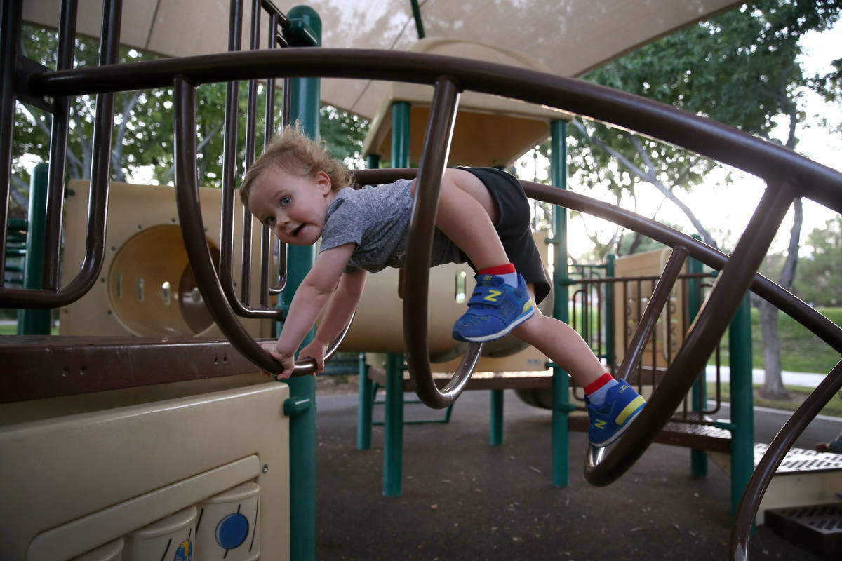 Maverick Dabney, 2, plays at The Crossing Park playground in Las Vegas, Wednesday, Oct. 7, 2020 ...