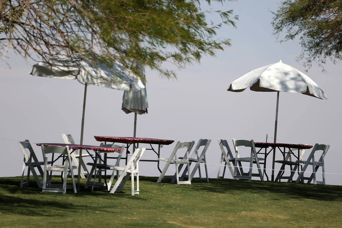 Empty chairs along the eight hole during the Pro-Am event in the 2020 Shriners Hospitals for Ch ...