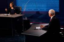 Democratic vice presidential candidate Sen. Kamala Harris, D-Calif., answers a question as Vice ...