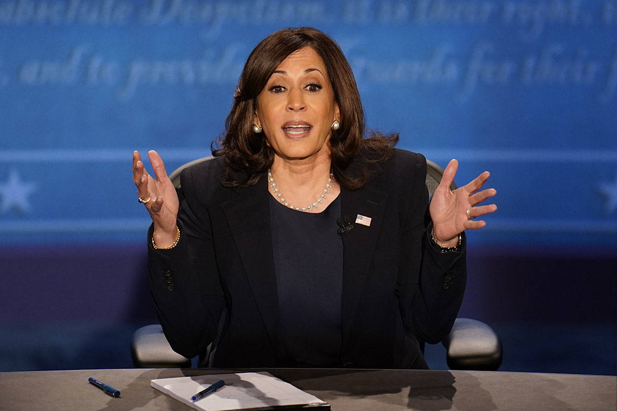 Democratic vice presidential candidate Sen. Kamala Harris, D-Calif., responds to a question dur ...