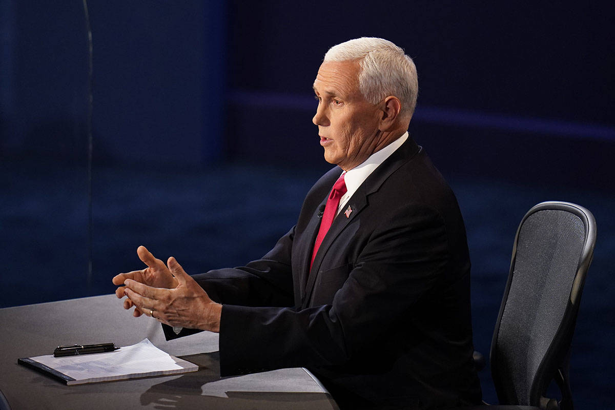 Vice President Mike Pence responds during the vice presidential debate with Democratic vice pre ...