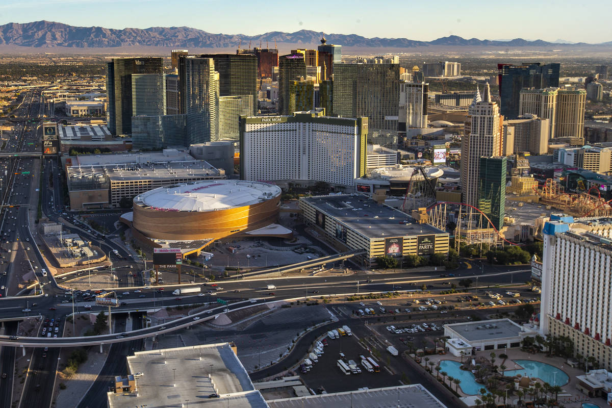 The T-Mobile Arena and New York-New York with other Las Vegas Strip area properties during an a ...