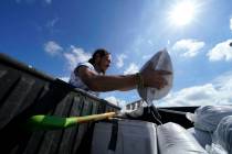 fill sandbags to protect their home in anticipation of Hurricane Delta, expected to arrive alon ...