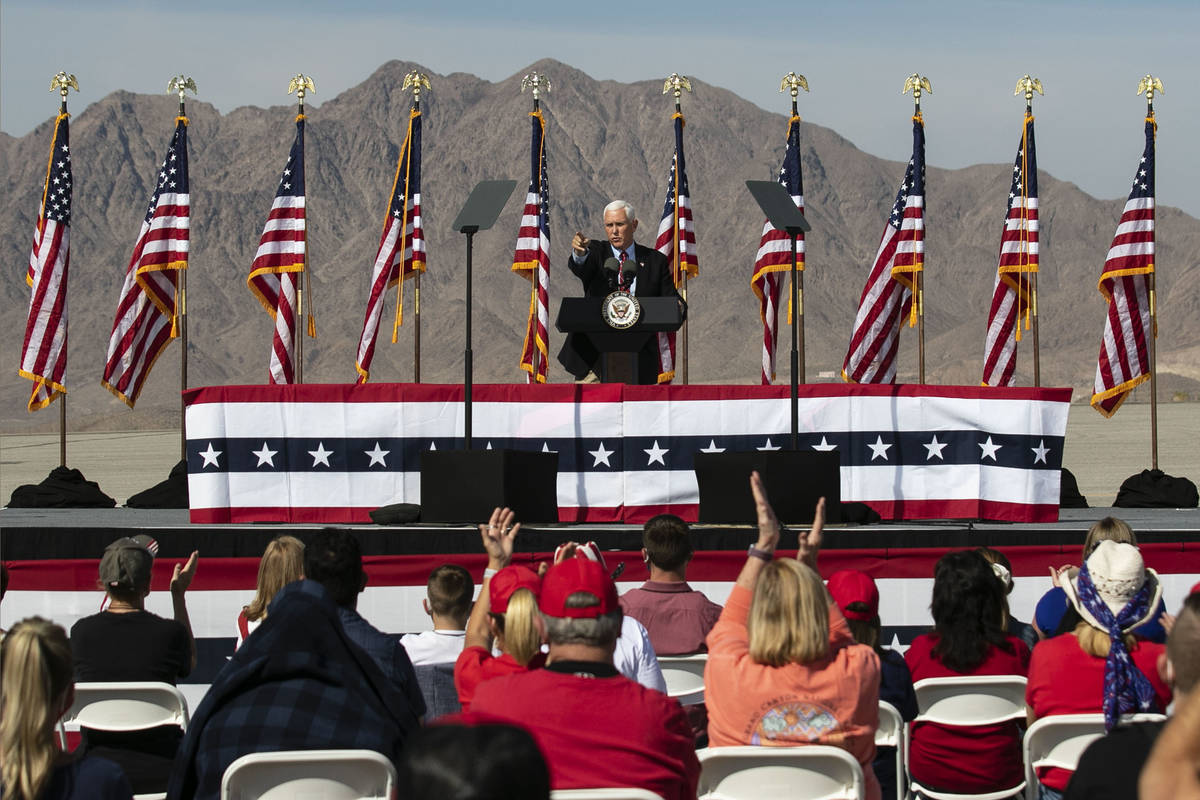 Vice President Mike Pence speaks during Make America Great Again event at Boulder City Airport, ...