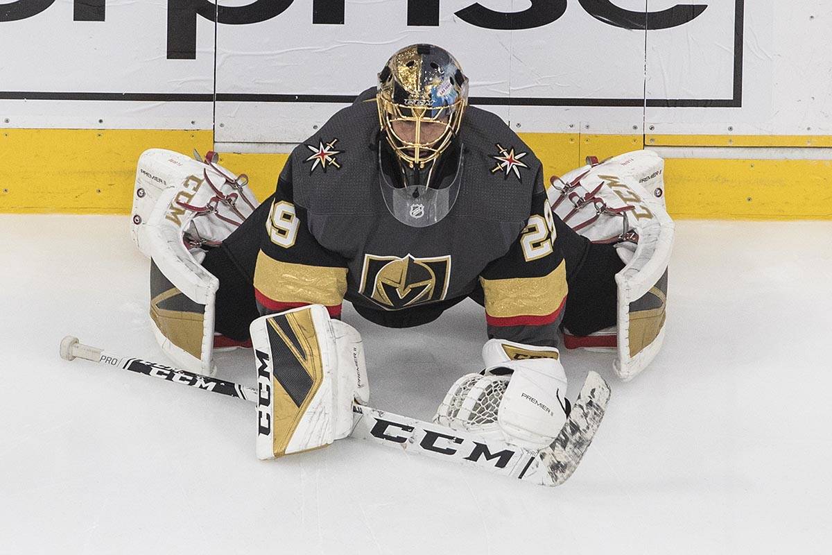 Vegas Golden Knights goalie Marc-Andre Fleury (29) warms up before NHL Western Conference Stanl ...