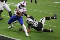 Buffalo Bills running back Devin Singletary (26) scores a touchdown by Las Vegas Raiders free s ...