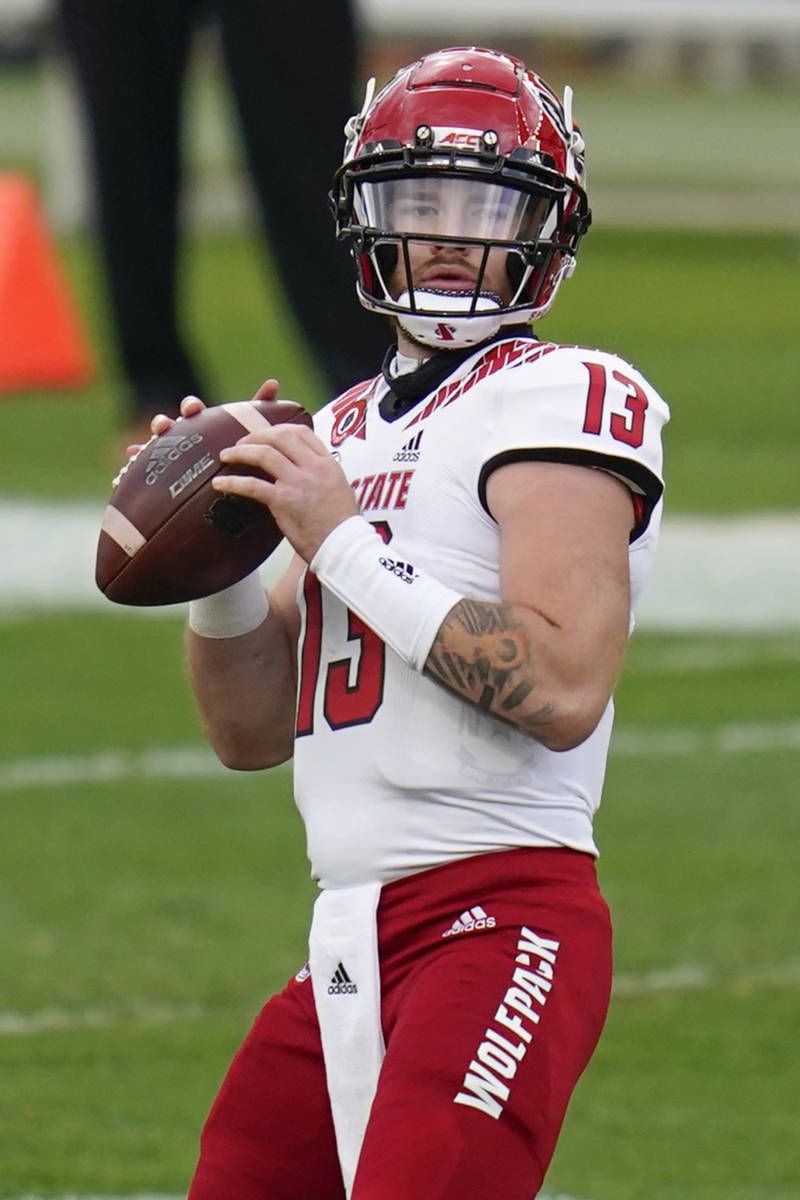 North Carolina State quarterback Devin Leary (13) plays against Pittsburgh Panthers during an N ...