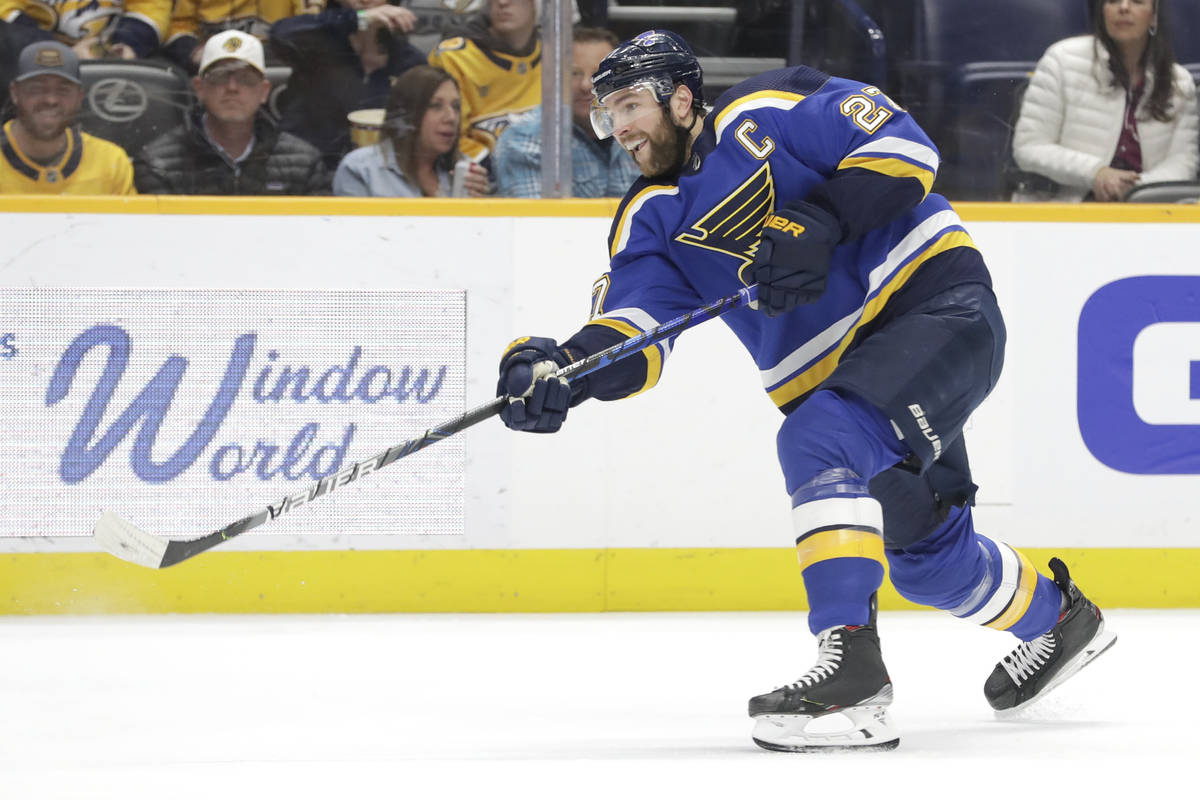 In this Feb. 16, 2020, file photo, St. Louis Blues defenseman Alex Pietrangelo plays against th ...