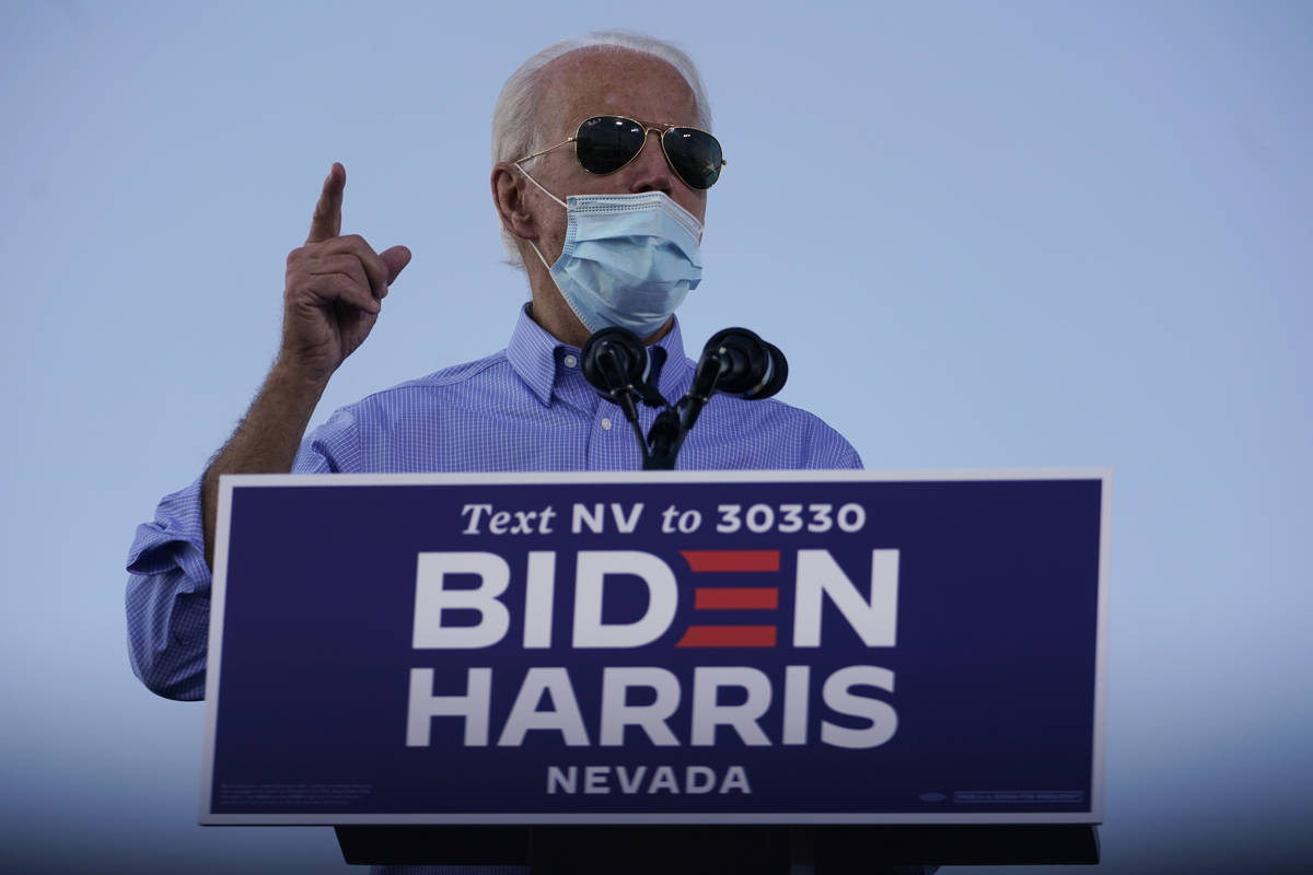 Democratic presidential candidate former Vice President Joe Biden speaks at a Las Vegas Drive-I ...