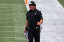 Las Vegas Raiders head coach Jon Gruden yells from the sideline during the 4th quarter of an NF ...