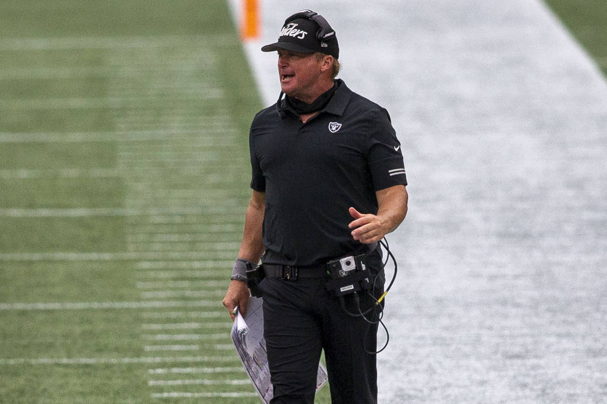 Las Vegas Raiders head coach Jon Gruden yells from the sideline during the 4th quarter of an NF ...