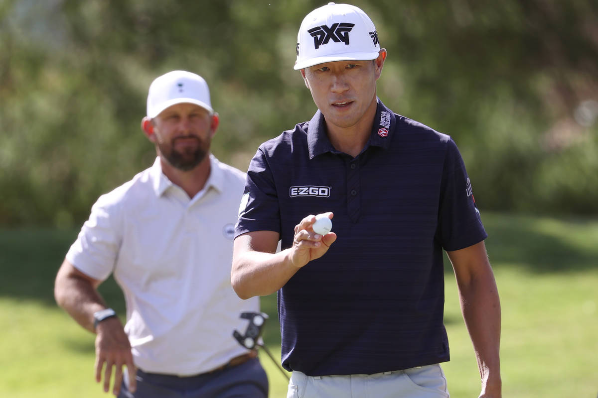 James Hahn reacts after hitting a birdie at the seventh hole during round two of the 2020 Shrin ...