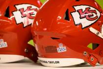 Two Kansas City Chiefs helmets with Breonna Taylor's name on them during the second half of an ...