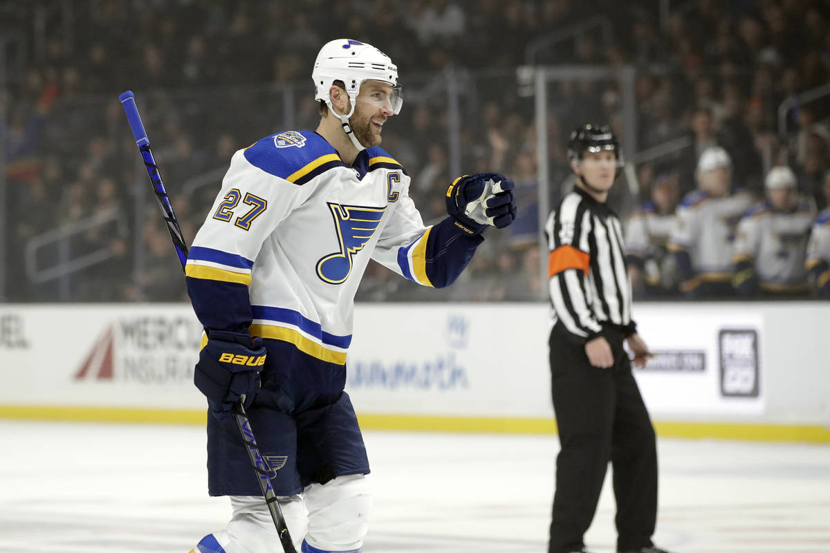 St. Louis Blues' Alex Pietrangelo (27) celebrates after scoring against the Los Angeles Kings d ...