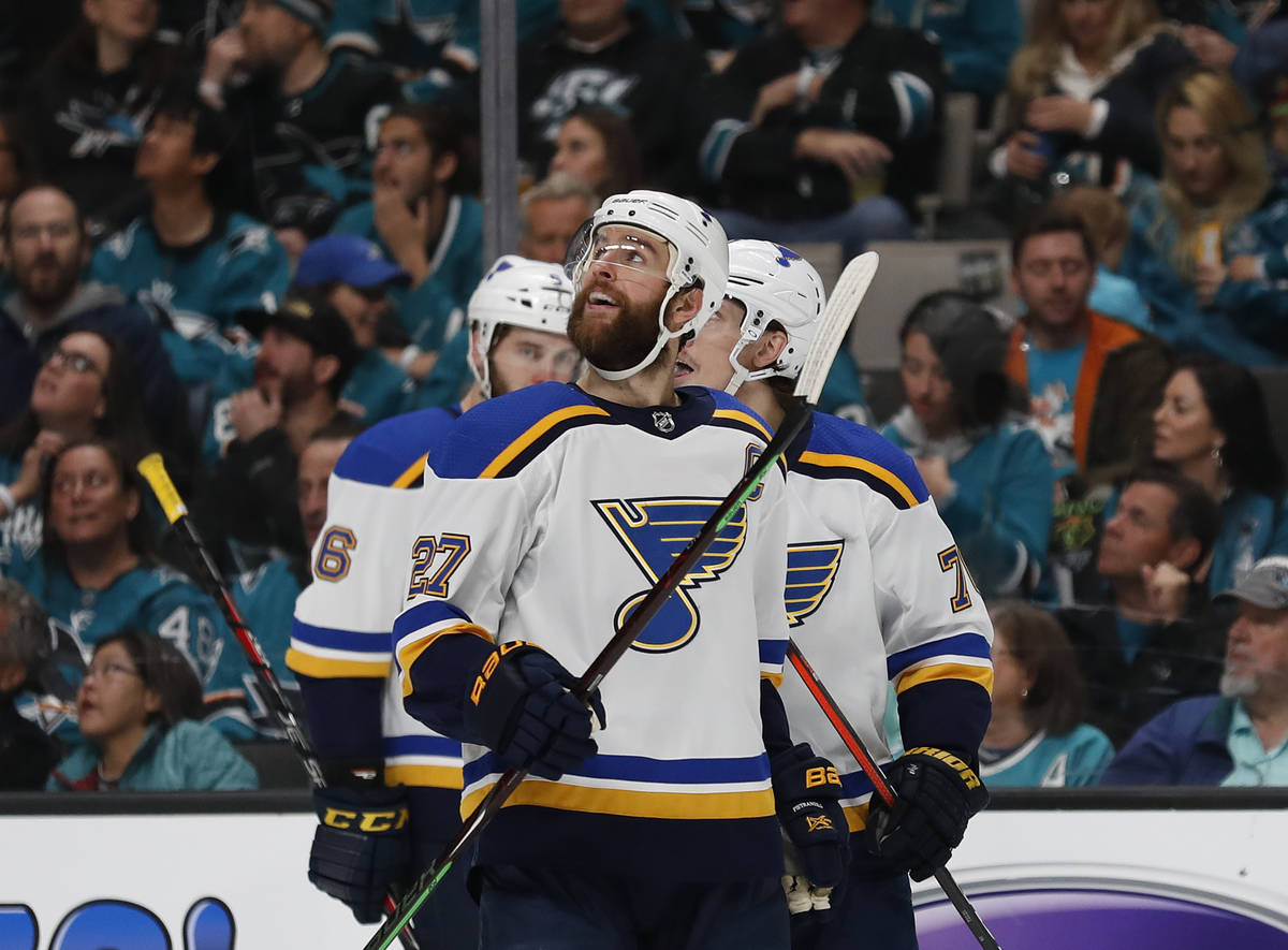 St. Louis Blues' Alex Pietrangelo (27) celebrates a goal against the San Jose Sharks by Oskar S ...