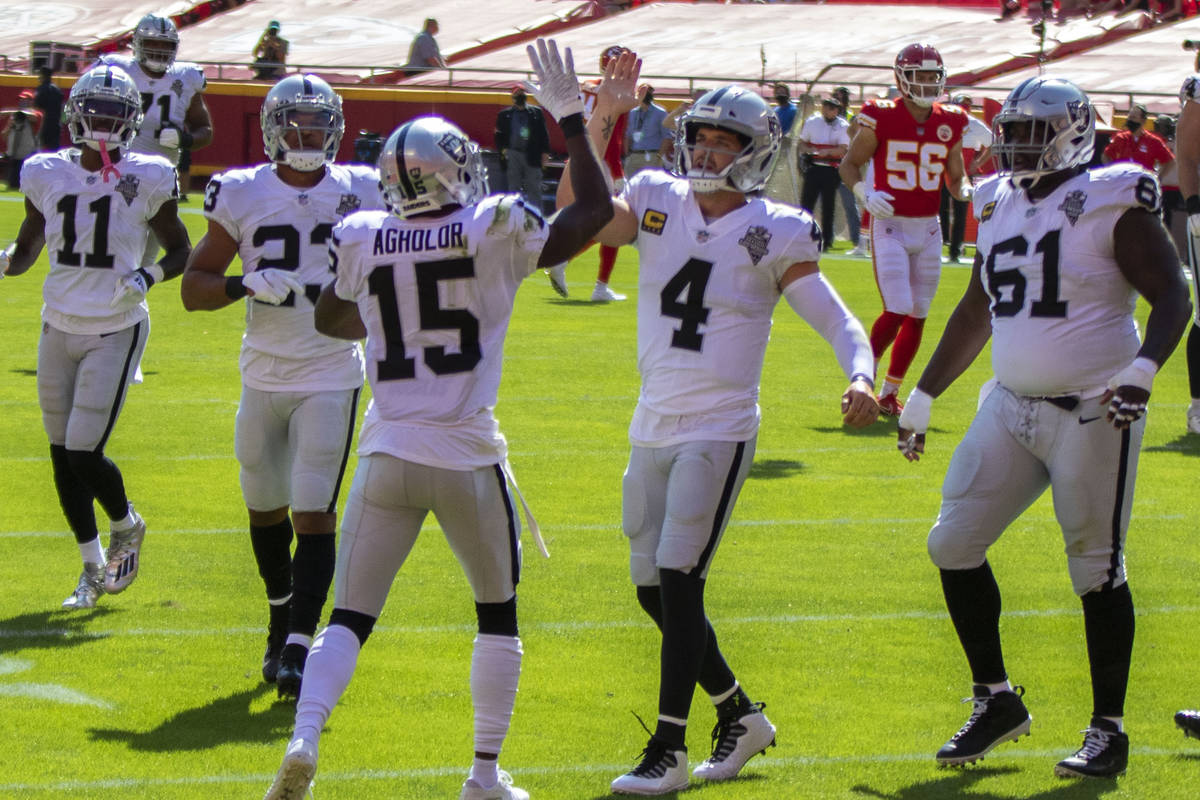 Las Vegas Raiders wide receiver Nelson Agholor (15) celebrates his touchdown score with quarter ...