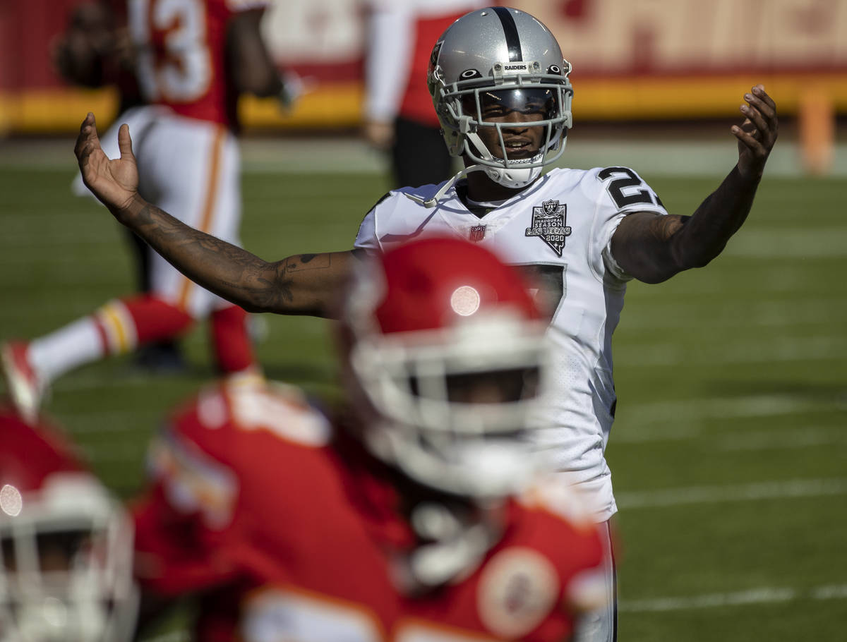Las Vegas Raiders cornerback Trayvon Mullen (27) taunts Chiefs players during warms ups before ...
