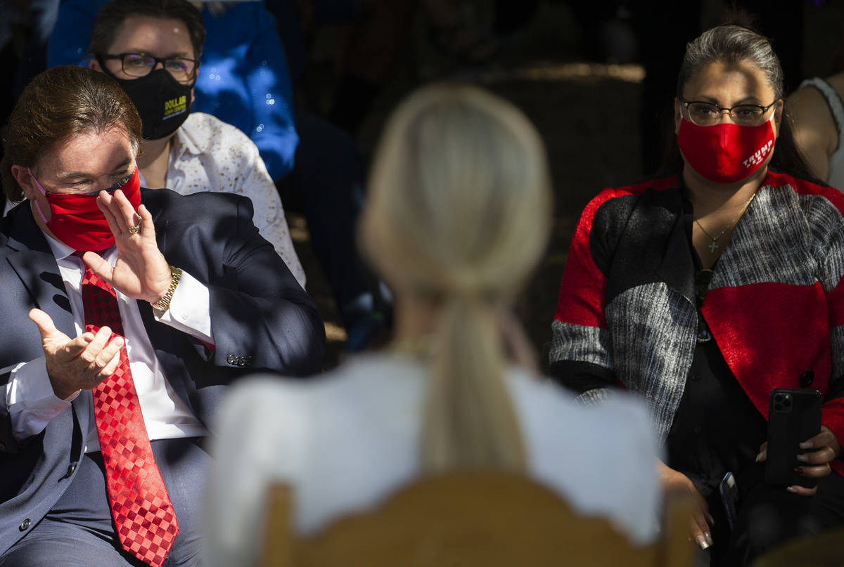 Audience members listen to Ivanka Trump speak during a campaign event at Legends Ranch on Monda ...