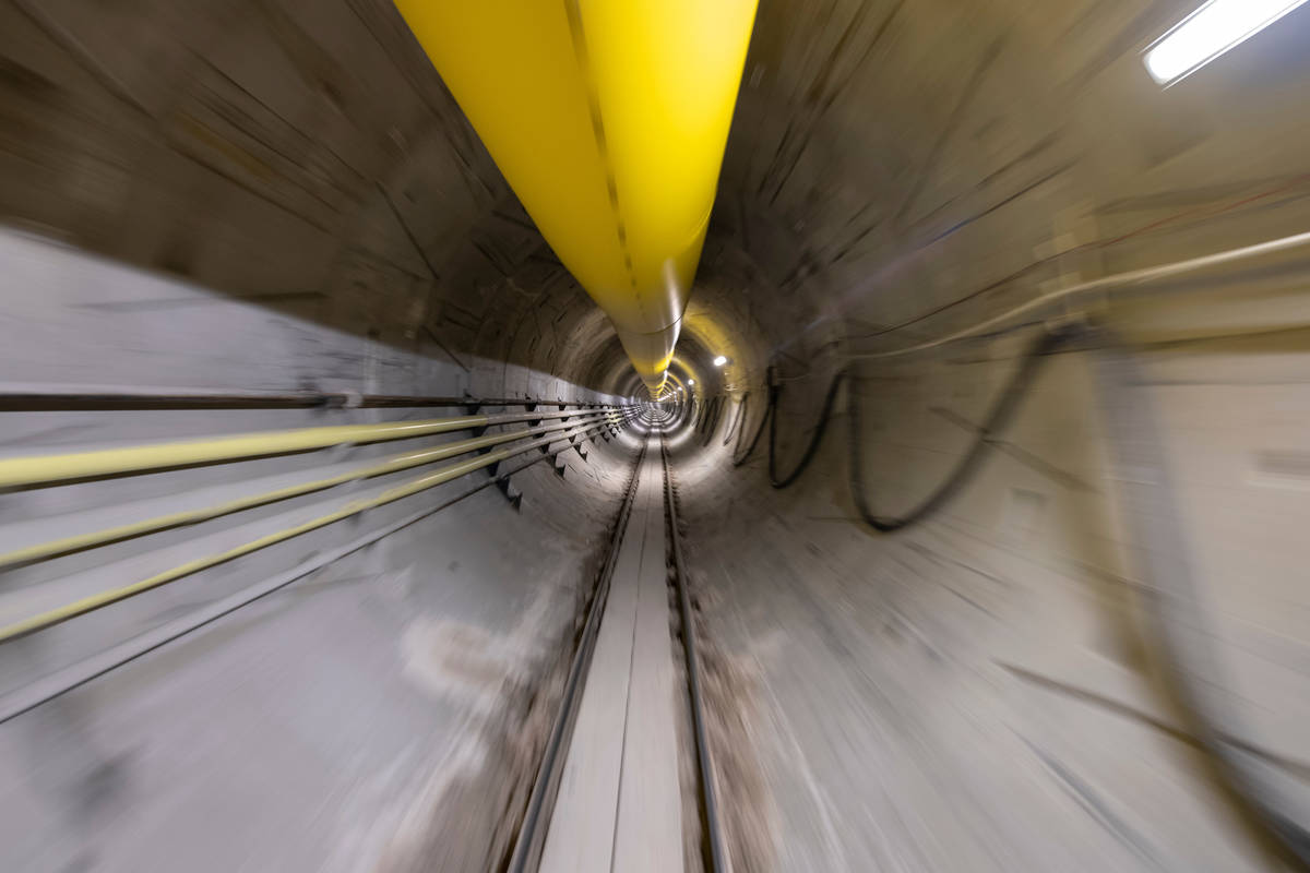 A view inside the Boring Company people mover tunnel, under construction beneath the Las Vegas ...