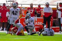 Las Vegas Raiders strong safety Johnathan Abram (24) looks on after tackling Kansas City Chiefs ...