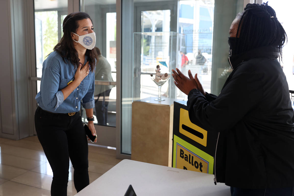 State Senator Yvanna Cancela, D-Las., reacts after dropping off her election ballot at Las Vega ...