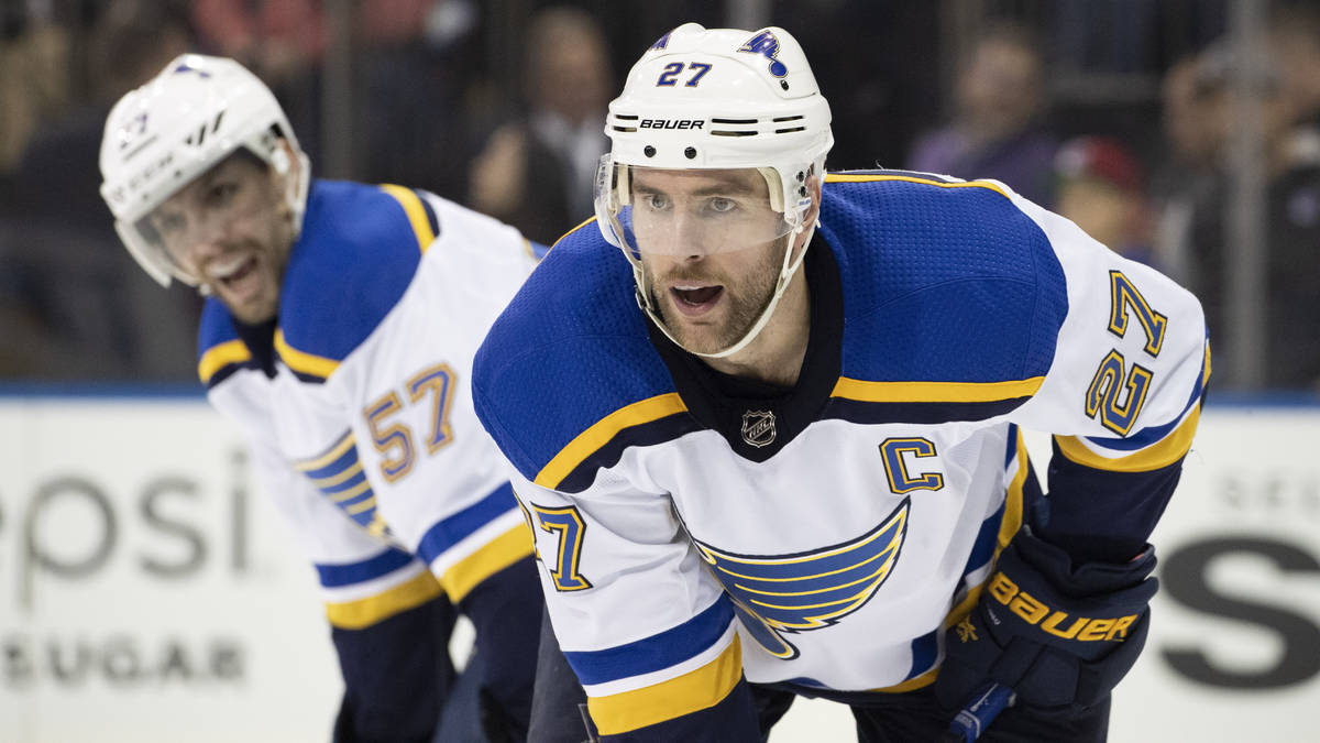 St. Louis Blues defenseman Alex Pietrangelo (27) and left wing David Perron (57) line up for a ...