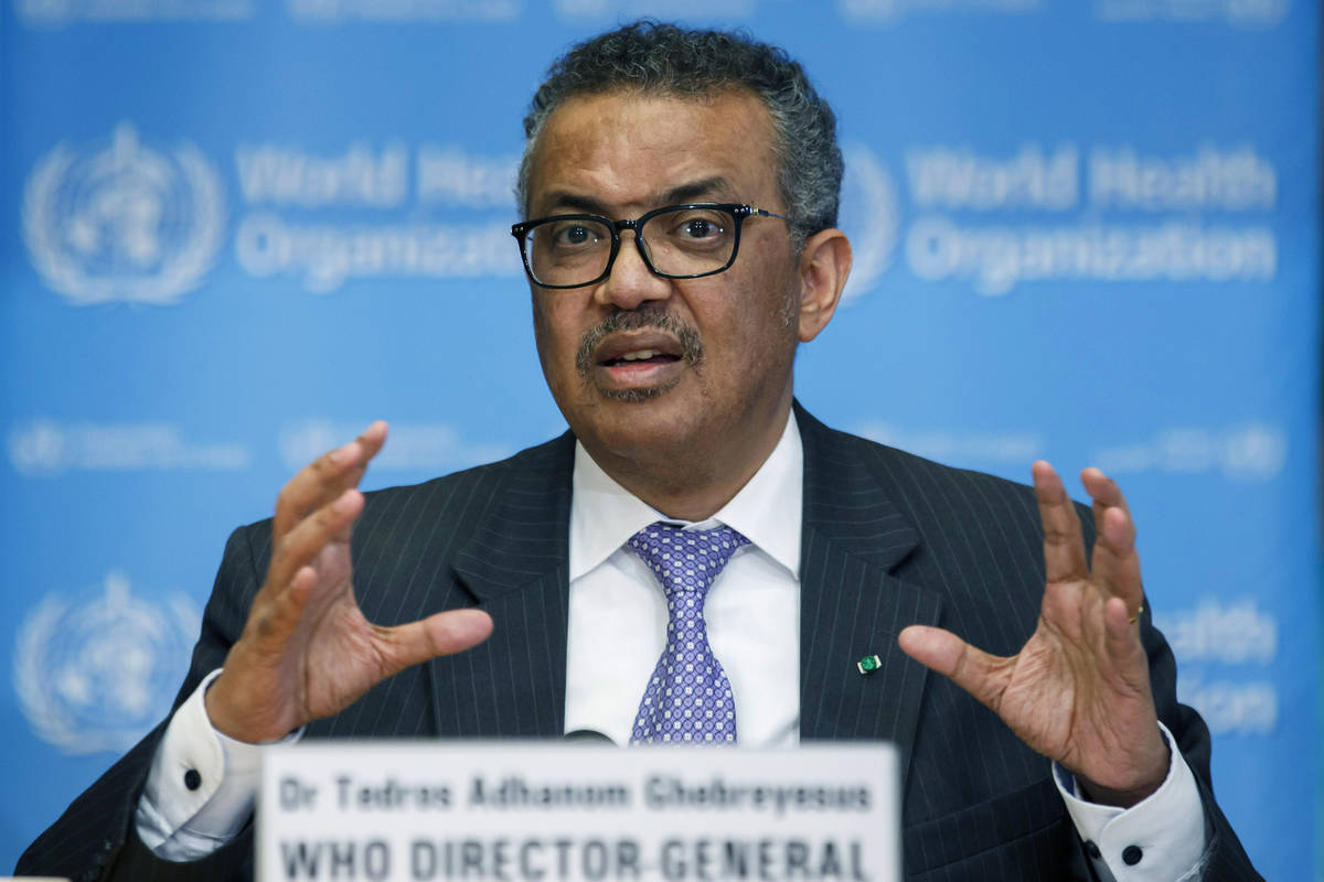 In this Monday, March 9, 2020 file photo, Tedros Adhanom Ghebreyesus, Director General of the W ...